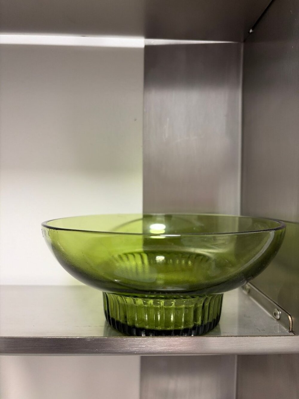 Green Glass Pedestal Bowl - Fluted Base